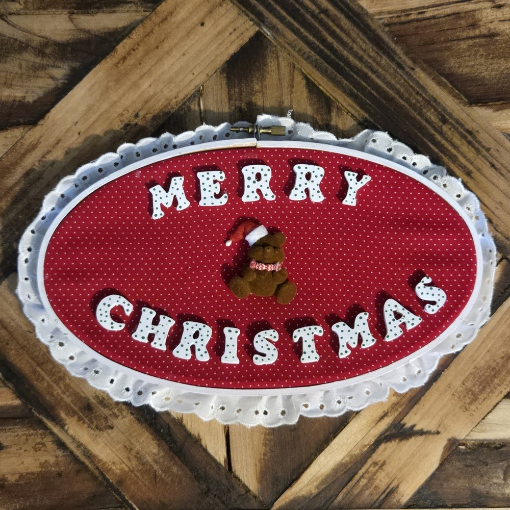 Handmade Merry‎ Christmas Embroidery Hoop Wall Hanging Teddy Bear Holiday Decor